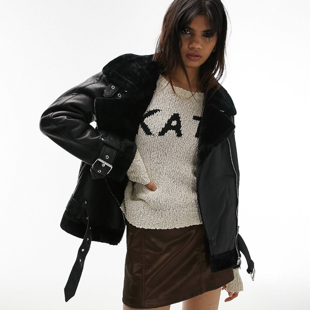 Topshop faux leather shearling aviator biker jacket in black